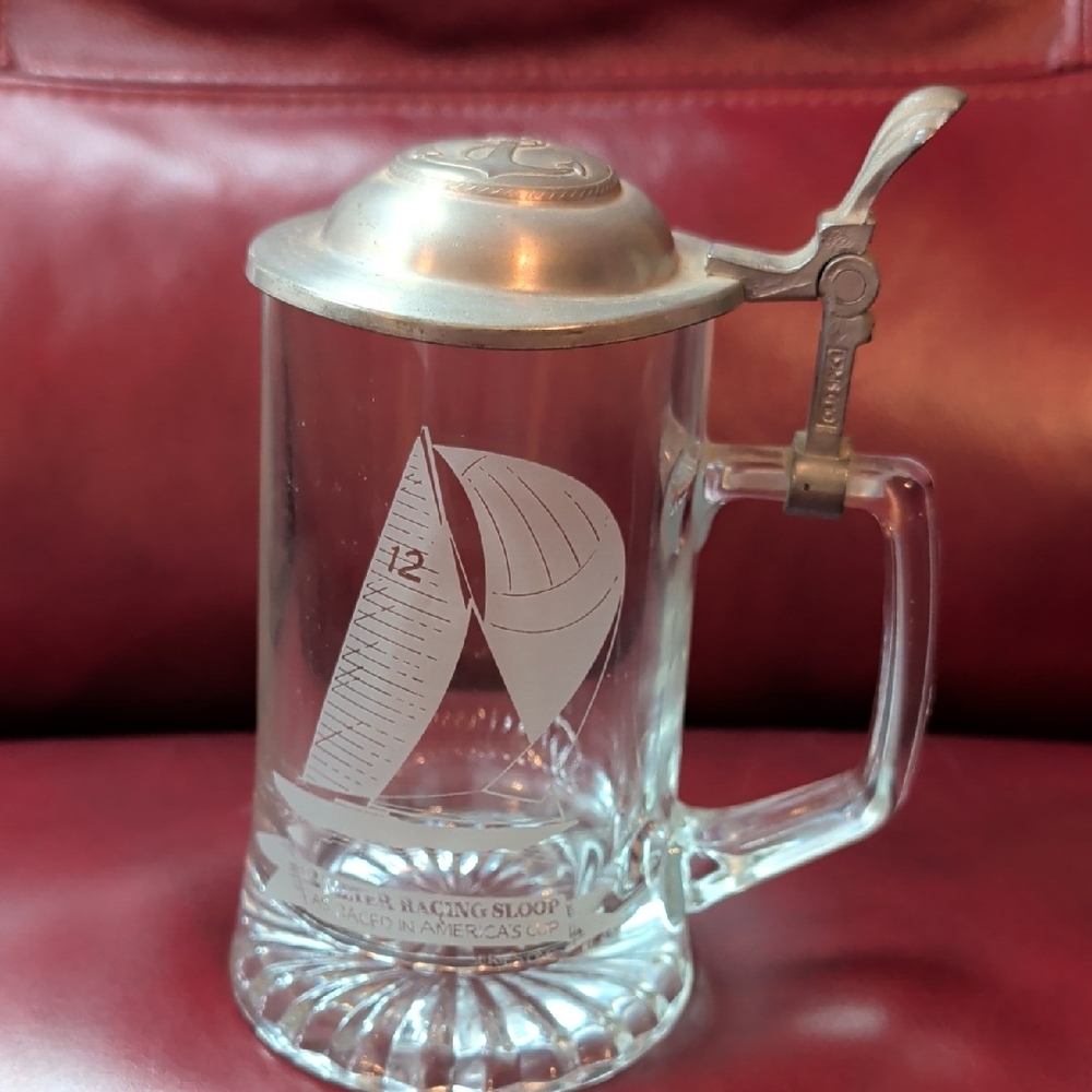 Sailboat Etched Glass Beer Stein with Pewter Lid 12 Meter Racing Sloop